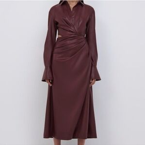 🔥Jonathan Simkhai Draped Cut-Out Mulberry Color Vegan Leather Midi Shirt Dress